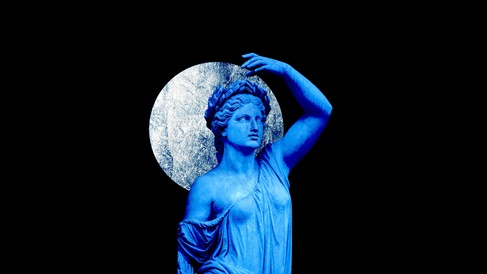 Blue Ancient statue (female) holding the silver moon on her back